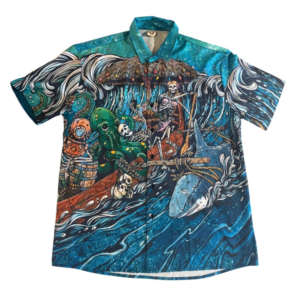 Hardaddy Mens Button Down Shirt Sea Monster Skeleton Tiki Blue M Hawaiian